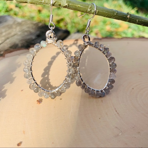 Labradorite Flash Gemstone Sterling Hoop Earrings - Picture 7 of 7